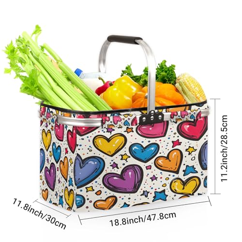 Colorful Heart Picnic Basket Large Collapsible Market Baskets Portable Reuasble Shopping Bags with Handles for Camping Beach Travel - color: Green