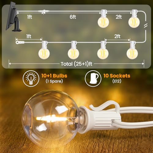 Mlambert 25FT Solar Powered String Lights Outdoor, Waterproof Solar Patio Light String with 10+1 Shatterproof LED G40 Bulbs for Backyard Garden-White - color: White