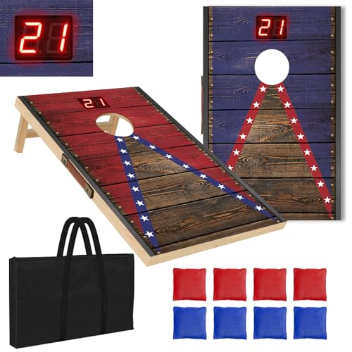 Electronic Cornhole Board Set 4x2ft 2x1ft, Automatic Scoring Corn Hole Games for Adults & Kids, Wooden Portable Cornhole Set with 8 Bean Bags & Carrying Bag for Outdoor, Tailgate, Party - size: 2 x 1 ft