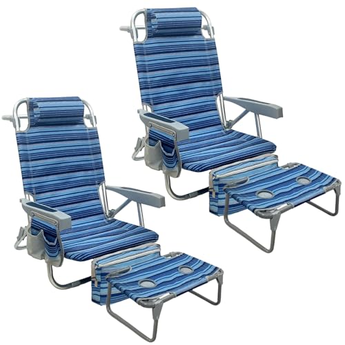 Backpack Beach Chair Aluminum 2 Pack with Folding Camping Table 5-Position Lay Flat Lounge Chair Outdoor for Adults with Insulated Cooler Bag and Cup Holder - color: Navy, size: 2 PACK