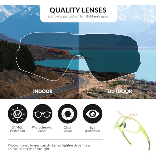 ROCKBROS Kids Photochromic Cycling Glasses, UV400 Clear to Dark Transition Sports Sunglasses for Youth Boys Girls Age 8-14 - color: Matte Green / Photochromic