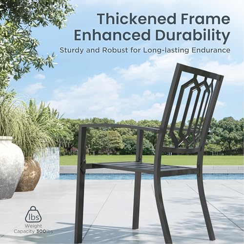 PHI VILLA 5 Piece Metal Outdoor Table and Chairs, 34.2" Metal Square Table with Umbrella Hole & Stackable Wrought Iron Chairs, All Weather Large Furniture Set for Patio, Deck, Backyard, Porch - Black - color: Hexagon Back Chair, size: 5pcs-34.2" Square Ta
