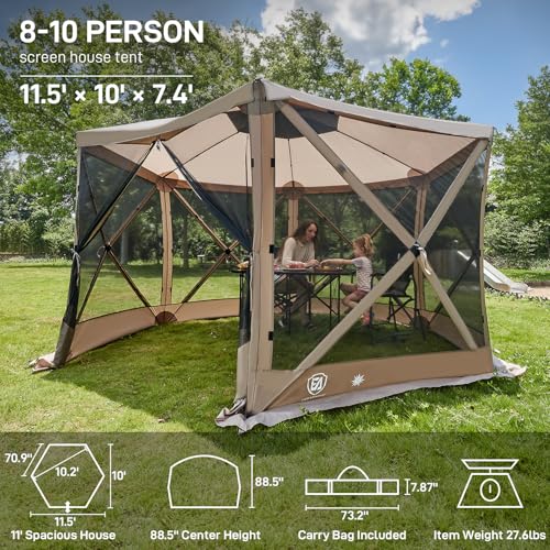 EVER ADVANCED Pop Up Gazebo Screen House Tent for Camping 11.5 ft for 8-10 Person Instant Canopy Shelter with Netting Portable for Outdoor, Backyard, Brown - color: Brown