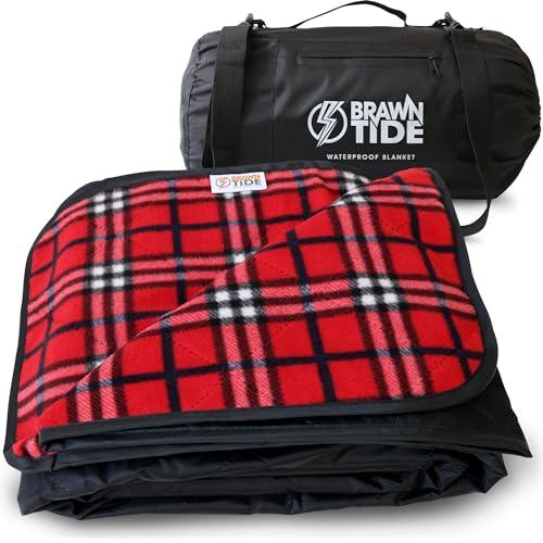 BRAWNTIDE Large Outdoor Waterproof Blanket - Extra Thick Fleece, Warm, Windproof, Sandproof, Quilted, 82" x 55", Ideal for Beaches, Picnics, Camping, Stadiums, Dogs, Car - color: Plaid Red