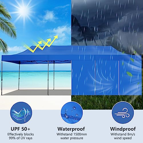 COBIZI 10x30 Heavy Duty Pop Up Canopy Tent with 8 Sidewalls Thicken Frame, Commercial Easy Up Outdoor Wedding Party Tents, All Season Waterproof Windproof with Stakes Sandbags Ropes Roller Bag, Blue - color: Blue, size: 10x30