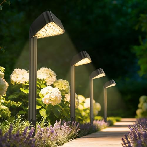 Solar Pathway Lights Outdoor, 8 Pack, 15 LED Brighter Solar Path Lights Waterproof with Upgraded Solar Panel, Up to 12Hrs Modern Landscape Lights for Backyard Garden Walkway Driveway Patio Lawn Decor - color: Warm White