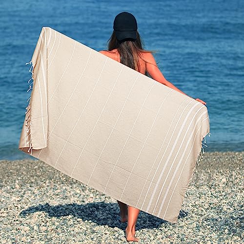 HILLFAIR Cotton Turkish Beach Towels, Quick Dry Lightweight Sand Free Peshtemal Towel for Bath Swim Yoga Spa Travel, Beach Accessories, Oversized Cotton Turkish Towels (39 x 72 inch- 4 Pack Beige) - color: Beige, size: 39 x 72 inch ( Beach towel - 4 PACK