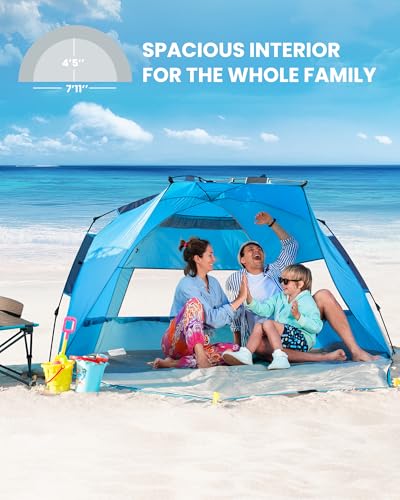 OutdoorMaster Beach Tent Sun Shelter for 3-4 Person, Pop Up Beach Tent Easy Setup with Sandbags, Portable Sun Shade Canopy with Carrying Bag for Beach & Outdoor, UPF50+ UV Protection, Family Size - color: Blue, size: X-Large