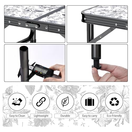 Outdoor Side Table, Portable 3 Adjustable Height Small Outdoor Folding Table, Aluminum Foldable Patio Side Tables for Outside Indoor, Plant Stand Coffee End Table for Pool, Porch,Garden, Balcony - color: Toile De Jouy