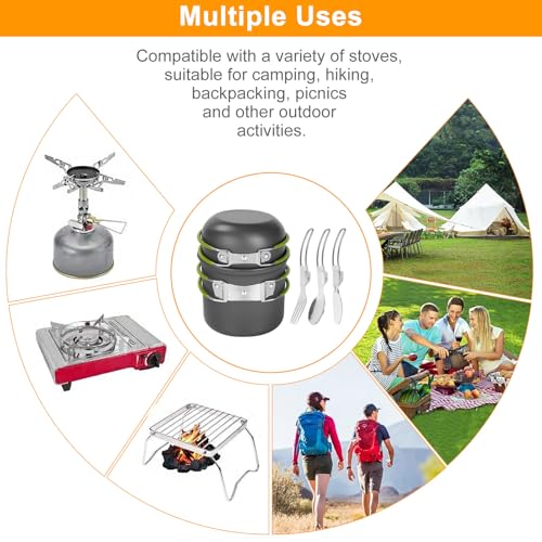 Camping Cookware Mess Kit Backpacking Pot Gear Camping Cooking Pots and Pans Set Camp Kitchen Equipment Accessories Green