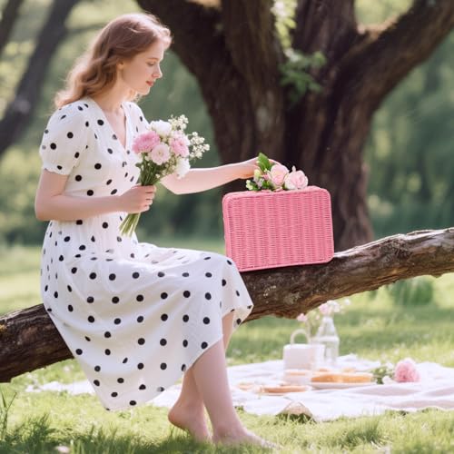 Mini Wicker Picnic Basket, Decorative Prop Suitcase Vintage Storage Hamper Makeup Organizer, 11.5" Metal Lock Rattan Storage Box with Handles for Sundries Travel Camping and Outdoor Party (Pink, L) - color: Pink, size: Large