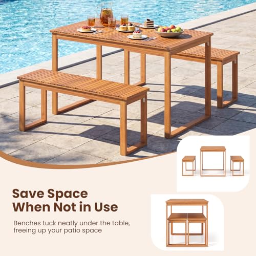 Tangkula 3 Pieces Patio Wooden Dining Set, Acacia Wood Rectangular Picnic Beer Table with 2 Benches for 4 People, Outdoor Dinner Furniture Set for Backyard, Garden and Poolside