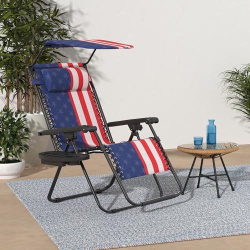 Best Choice Products Folding Zero Gravity Outdoor Recliner Patio Lounge Chair w/Adjustable Canopy Shade, Headrest, Side Accessory Tray, Textilene Mesh - American Flag - color: American Flag, size: Standard