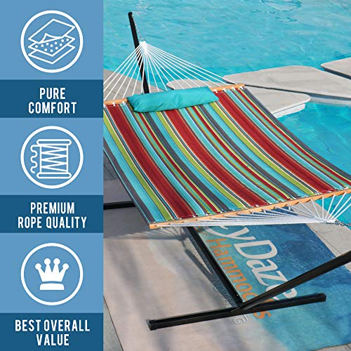 Lazy Daze Hammocks 12 FT Quilted Fabric Double Hammock with Spreader Bars and Detachable Pillow, 450lbs Weight Capacity - color: Blue&red Stripes