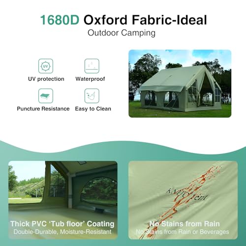 KNUO Inflatable Camping Tent, Large Blow-Up Air Tent, No Assembly Needed Luxury Glamping House, Oxford Fabric - color: Field Green-Dual-layer Doors, size: 10x10ft