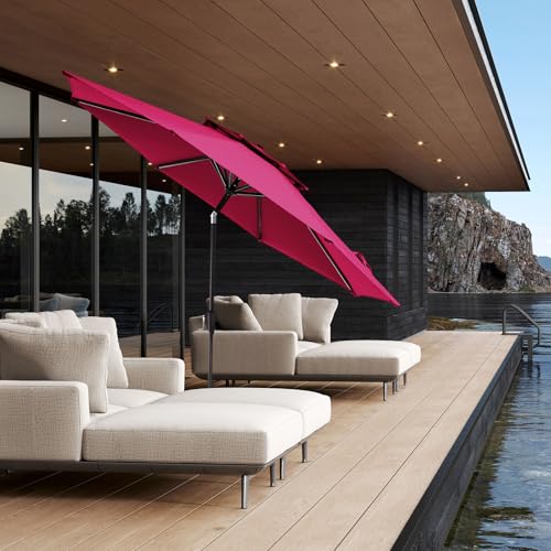 JEAREY 9' 2-Tiers Patio Umbrellas Outdoor Table Market Umbrella w/Push Button Tilt/Crank, 8 Sturdy Ribs, UV Protection Waterproof Sunproof(Rose Pink) - color: Rose Pink