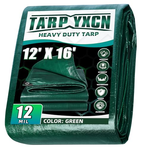Green Heavy Duty Tarp 12x16 Feet, 12 Mil Thick Waterproof Poly Tarps Cover UV Resistant, Rip & Tear Proof with Metal Grommets Every 20 Inche - color: Green, size: 12x16 Ft