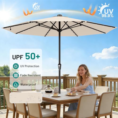 AreShark 11FT Large Patio Umbrella with Solar Lights, Lighted Solar Umbrella with Crank, Outdoor Table Market Umbrellas for Garden, Deck, Backyard, Pool and Beach, Cream-White - color: Cream-White, size: 11 Ft