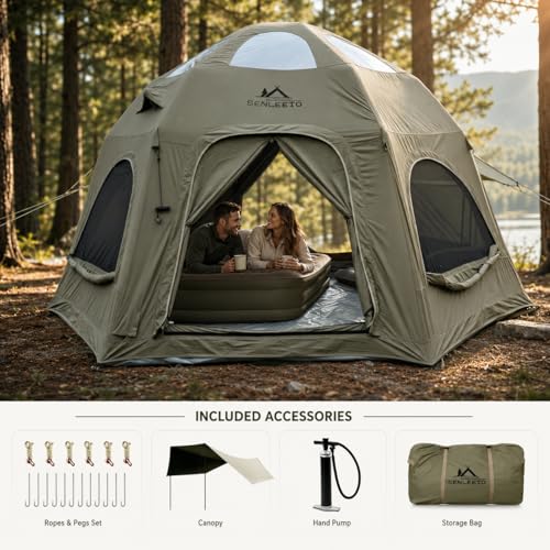SENLEETO Inflatable Tents for Camping, Large Inflatable Camping Tent with Hand Pump, Easy Setup Tents for 4-6 People, Portable Glamping Tent - size: 177 Inch*177 Inch*98.4 Inch/6 -8 People