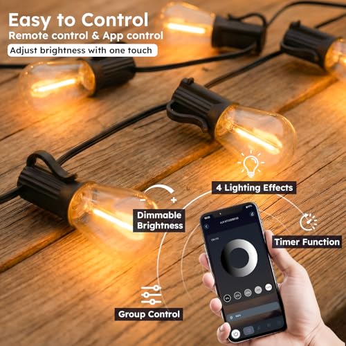 GvvooHome 50FT S11 LED Outdoor String Lights with App & Remote, Low-Voltage Patio Lights with Music Sync, 4 Lighting Modes, Dimmable, Waterproof LED Outdoor Lights for Porch, Deck, Garden, Backyard - size: 50FT-APP
