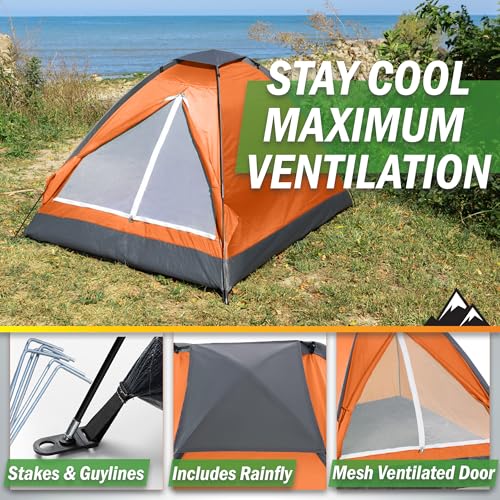 2 Person Outdoors Camping Tent with Rain Fly and Carrying Bag - Lightweight Outdoor Pop Up Tents for Camping Essentials, Music Festivals, Backpacking, Hiking, or Beach Shelter by Wakeman Outdoors - color: Orange