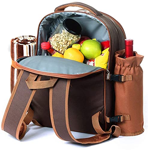 Hap Tim Picnic Backpack Bag for 4 Person with Cooler Compartment, Detachable Bottle/Wine Holder, Fleece Blanket, Plates and Cutlery Set Perfect for Outdoor, Sports, Hiking, Camping, BBQs(Coffee) - color: Coffee, size: 4 person