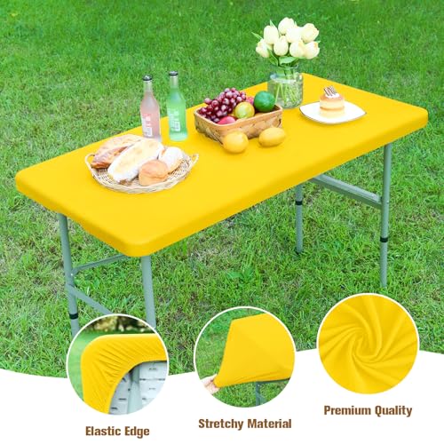 NEWISHER Fitted Rectangle Tablecloth 24 x 48 Inch Elastic Table Cloth for 4ft Table, Stretch Spandex Tables Cover Gold Washable Polyester Top Cap Cover for Dining Picnic Camping Indoor and Outdoor - color: Gold, size: 48" x 24" (Rectangular)