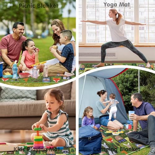 Supfitness Extra Large Picnic Blankets Waterproof Foldable (80 "x 80") Beach Blanket Waterproof Sandproof,3-Layer Thicking Mat Outdoor Packable Camping Blanket - color: Green-animal, size: 6'8" x 6'8" (Square)