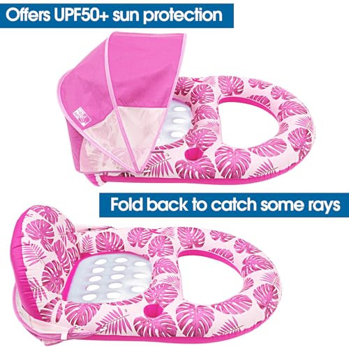 COOLCOOLDEE Pool Lounge Float with Canopy UPF50+,Extra Large Pool Floats for Adults Heavy Duty,Inflatable Lounger Float with Cup Holder & Backrest,Footrest - color: Pink