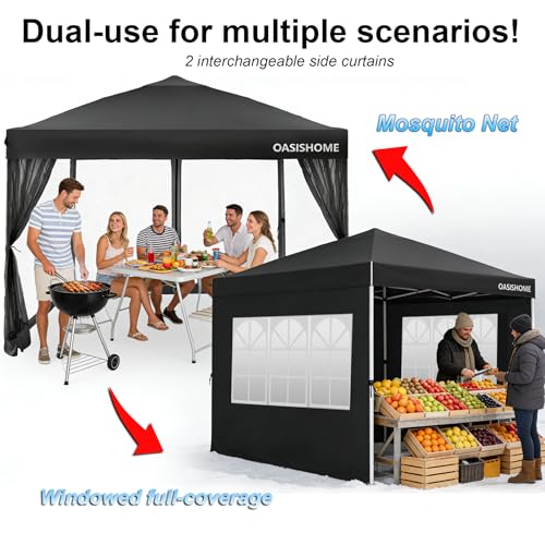 OASISHOME Pop-up Gazebo Instant Portable Canopy Tent 10'x10', with 2 Styles Sidewalls,Netting, Windows, Wheeled Bag, for Patio/Outdoor/Wedding Parties and Events(Black，10x10) - color: Black with 2 styles Sidewalls