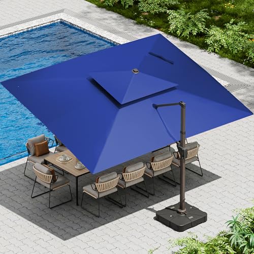 10 X 13 FT Cantilever Patio Umbrella with Led Lights and Base Included Outdoor Heavy Duty Double Top Rectangle Offset Umbrellas with 360-degree Rotation for Pool Deck Backyard, Navy - color: Navy, size: 10' X13'-Weighted Base Included