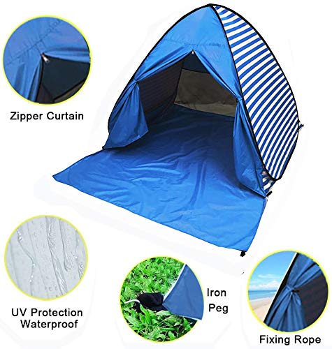 Pop Up Beach Tent Shade Sun Shelter UPF 50+ Canopy Cabana 2-3 Person for Adults Baby Kids Outdoor Activities Camping Fishing Hiking Picnic Touring(Dark Blue Stripes) - color: Dark Blue Stripes