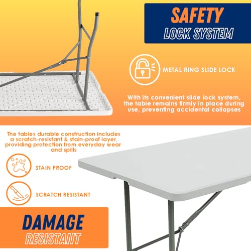 Folding Table Indoor Outdoor Heavy Duty Portable Folding Plastic Dining Table w/Handle, Lock for Picnic, Party, Camping - White (4ft, 6ft, 8ft) (6ft) - size: 6 ft