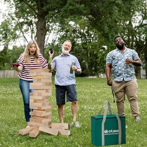 Olsa Jumbo Tumble Tower Outdoor Games 60pcs Large Blocks Stacking Lawn Yard Game for Kids Adults Family Stack to Over 5FT Giant Family Party Games for Holiday - style: XL-Over 5FT