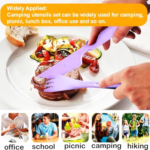 Travel Utensils Set - Reusable 5 Sets Wheat Straw Plastic Cutlery with Case , Portable Forks Spoons and Knives Set , Eco-Friendly BPA Free for Daily Use (Grey,Red,Purple,2 Black) - color: Grey,Red,Purple,2 Black