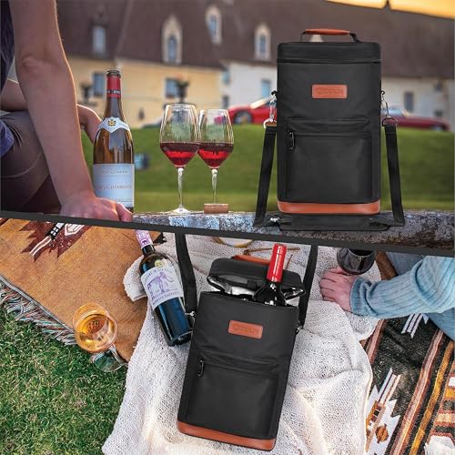 opux Wine Bag 2 Bottle Wine Tote Carrier, Insulated Wine Cooler Bag for Travel Picnic, Leakproof Portable Bottle Padded Case, Wine Gifts For Women Men Wine Lovers Christmas, Black - color: Solid Black