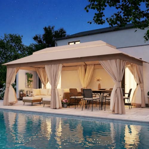 LAUSAINT HOME 10'x20' Outdoor Patio Gazebo, Heavy Duty Party Tent & Shelter with Double Roofs, Mosquito Nettings and Privacy Screens for Backyard, Garden, Deck (Khaki) - color: Khaki, size: 10'x20'