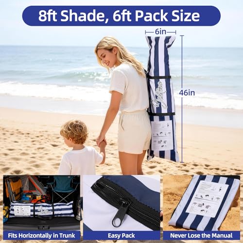 Jihfmo 8x8 Ft Large Beach Cabana Tent, UPF 100+ Windproof Sun Shelter for Family - 64 Sq Ft Big Shade Canopy with Sand Anchors & Cooling Silver Glue Coating, Easy Setup Portable Sunshade - Blue Stripe - color: Blue Stripes
