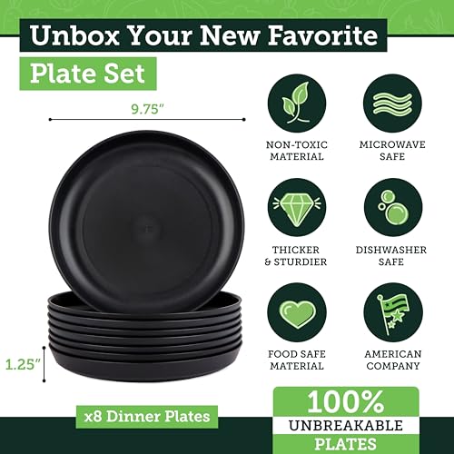 Grow Forward Premium Wheat Straw Plates - 10 Inch Reusable Hard Plastic Dinner Plates Set of 8 - Unbreakable Microwave Safe Plates for Dessert, Camping, RV, Outdoors, Patio, Kitchen Dishes - Midnight - color: Midnight Black, size: 10 inch