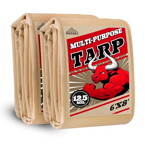 Tarp 6x8(2pack) Heavy Duty Waterproof Beige Tarp 12.5mil,Durable,Multipurpose, Weather Resistant,Uv Resistant,Tear Resistant,Can Be Used for Outdoor Furniture,Cars,Ships,Roofs-by MVPNET - size: 6x8(2p)