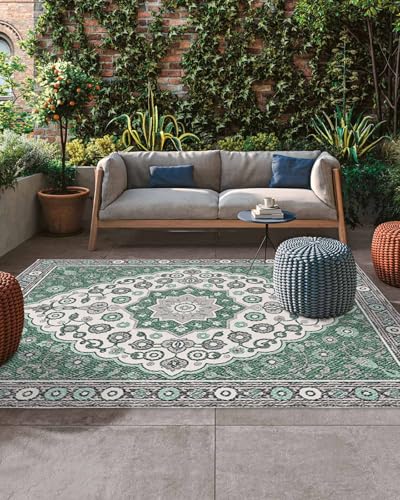 Outdoor Rug 4x6ft, Boho Ethnic Abstract Flower Indoor Area Rug for Patio Backyard Deck Large Floor Mat, Traditional Gray Green Theme Non-Slip Outside Carpet Balcony Porch Camping Rugs Picnic Mat - color: Green, size: 4' x 6' (Rectangular)