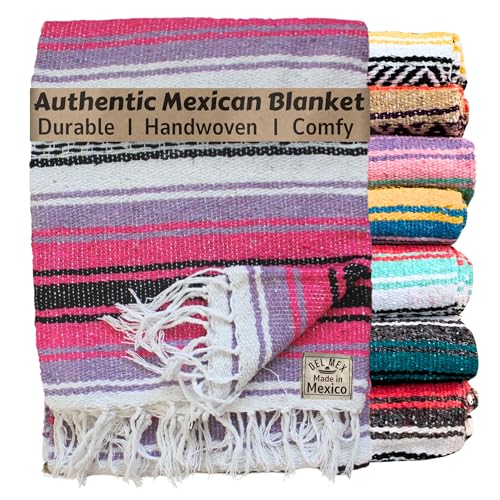 Del Mex Classic Mexican Blanket, Large Authentic Woven Falsa Throw (70"x50"), Artisan Southwest Décor for Beach, Yoga, Outdoors (Pink/Purple) - color: Pink/Purple