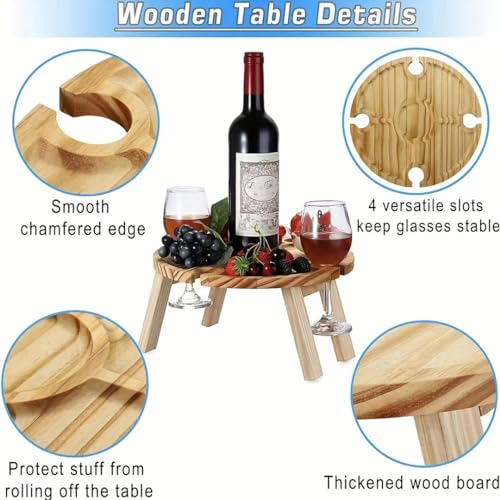 Portable Wooden Picnic Table with Wine Glass Holder - Foldable 2-in-1 Outdoor Snack Tray for Cheese & Fruit, Collapsible Camping Table with Integrated Glass Rack - color: A