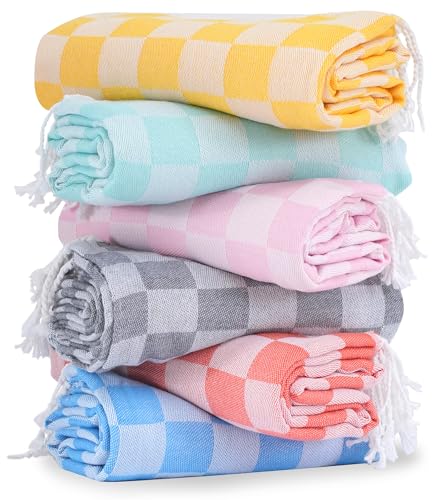 6 Packs Turkish Beach Towel Vacation Essentials Blanket Set Pool Bath Towels Bulk Multipack Travel Sand Free Quick Dry Extra Large Oversized Cute Big Soft Lightweight Compact Checkered Cloud Women - color: Gz Multicolors Pink, size: 72 X 36 Inch