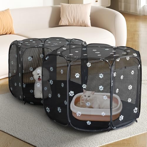 2-in-1 Cat Playpen, Pop Up Dog Pet Playpen for Indoor Outdoor Cats Enclosed, Portable Pet Playpen, Kitten Puppy Foldable Play Pen Cat Dog Tent Crate Cage Kennel(No Divider, Unified Space) - color: Black, size: S, 55.2"L x 27.6"W x 17"H
