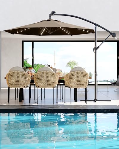 Jojoka 10FT Cantilever Patio Umbrella with Solar LED Lights - Offset Outdoor Umbrella - Easy Lift & Tilt - UV Protection - Fade Resistant - Ideal for Deck, Pool, Garden - color: Tan