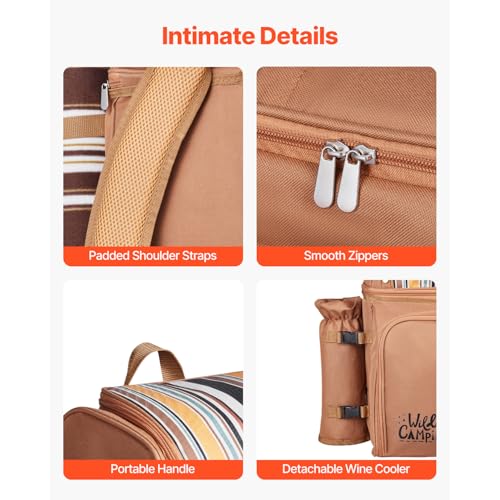 VEVOR Picnic Backpack, Beach Picnic Backpack Bag for 4 Person with Insulated Cooler Compartment, Detachable Bottle/Wine Holder, Lightweight Blanket, Plates and Cutlery Set for Hiking & Camping, Brown - size: double layer for 4 & browne