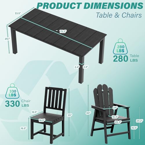 9-Piece Patio Dining Set, Outdoor Dining Set for 8, HDPE All-Weather Outdoor Furniture with 75.20” Umbrella Hole Table, 2 Armchairs & 6 Armless Chairs, Black - color: Black, size: 2 Armchairs & 6 Armless Chairs