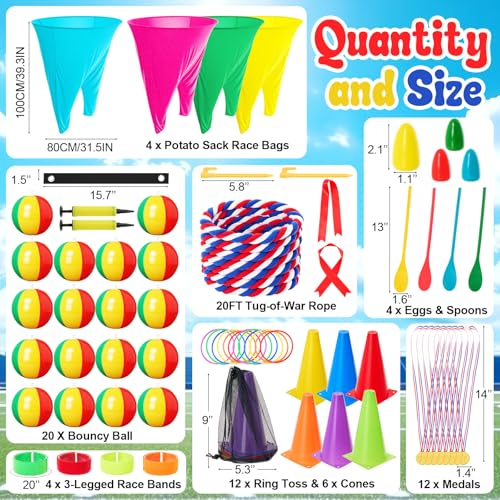 65 Pcs Outdoor Carnival Yard Game Set Include Giant Granny Pants and Bouncy Balls Ring Toss Game Tug of War Rope 3 Legged Race Egg and Spoon Medals for Carnival Yard Family Reunion Backyard