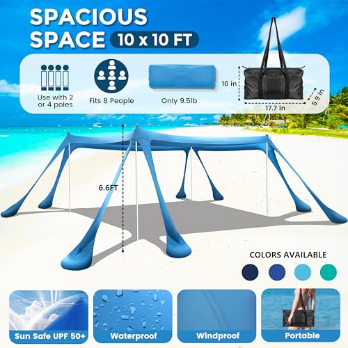 Beach Canopy Beach Tent Pop Up Shade 10x10ft Sun Shelter UPF50+ with 8 Sandbags-2 Sand Shovel-4 Aluminum Poles-Ground Pegs-Portable Carrying Bag for Outdoor Family Camping Fishing Yard Picnic - color: Royal Blue